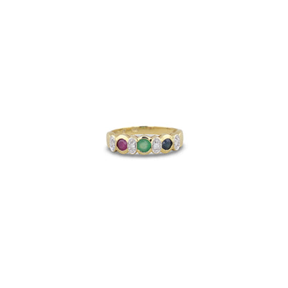 Gelbgold-Ring besetzt mit Rubin, Smaragd, Saphir & 4 Brillanten