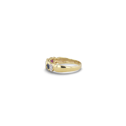 Gelbgold-Ring besetzt mit Rubin, Smaragd, Saphir & 4 Brillanten