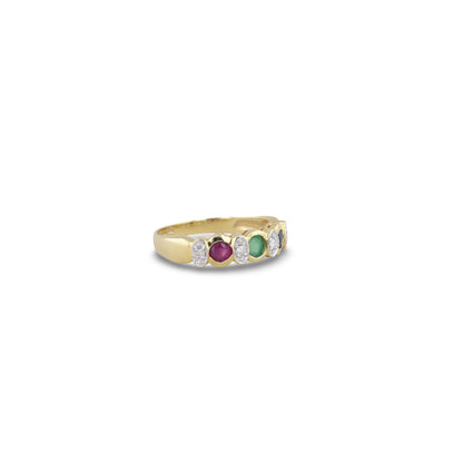 Gelbgold-Ring besetzt mit Rubin, Smaragd, Saphir & 4 Brillanten